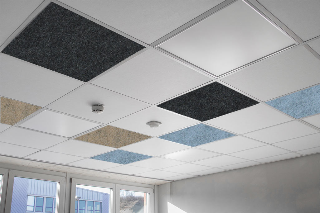 soni COLOR RD Grid ceiling with white and colored inserts that improve the room acoustics.