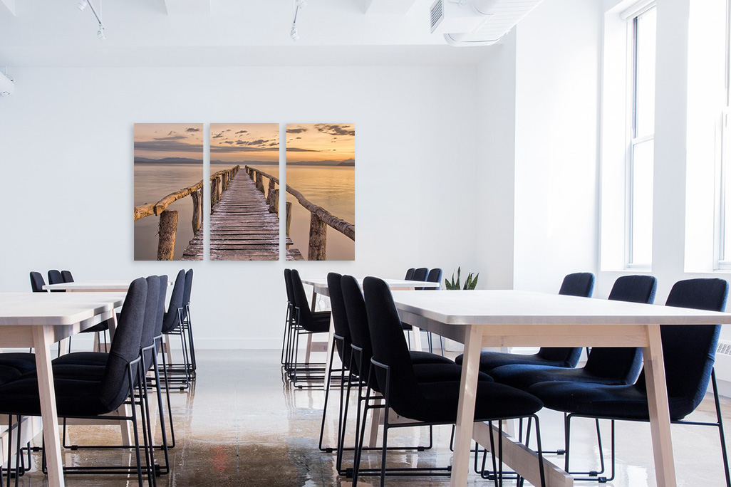 Bright, friendly canteen with a set of 3 of our soni PICTURE acoustic pictures on the wall