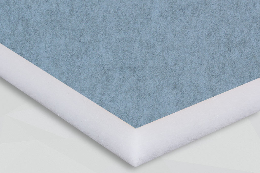 soni COLOR RD - Akustikelement aus PES-Vlies mit farbiger Filz-Oberfläche White PES fleece panel, horizontal, with a mottled felt surface in the color blue